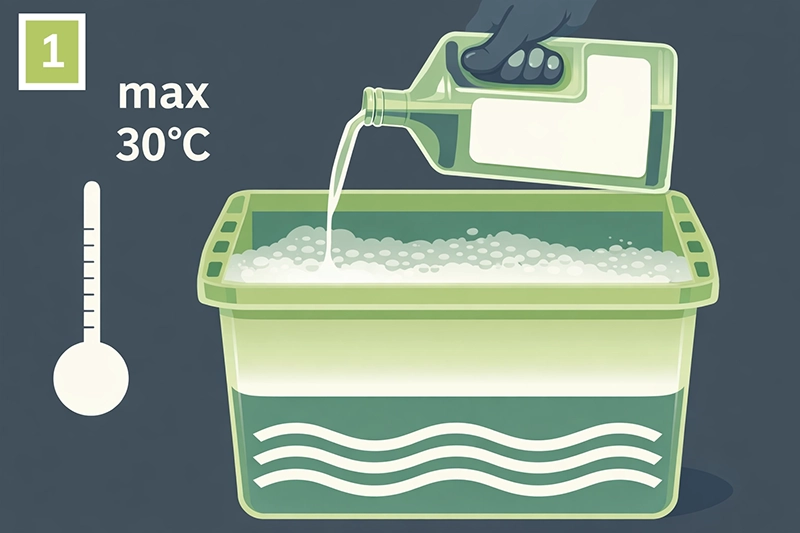 Víz előkészítése a pliszé rolók kíméletes tisztításához, ajánlott 30 °C-os hőmérséklettel és enyhe tisztítószerrel