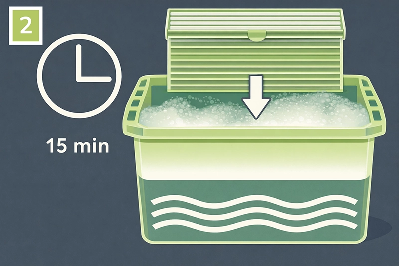 A pliszé roló körülbelül 15 percre vízbe kerül a kíméletes tisztítás részeként.