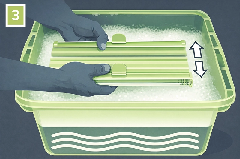 Kezei finoman öblítik a pliszé rolót a vízben, kefék és erős dörzsölés nélkül.