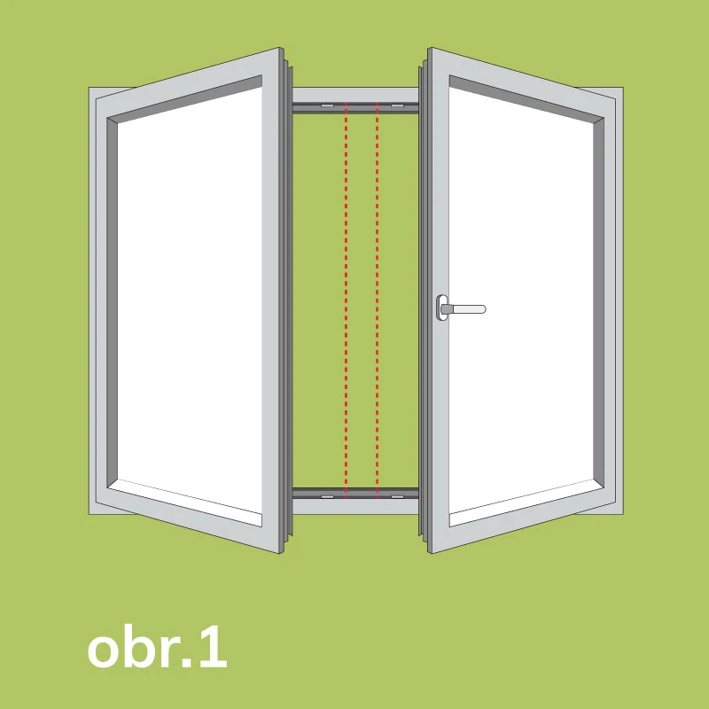 Kétszárnyú ablak az ablaknyitás módjának és a szárnyak helyzetének ábrázolásával szúnyogháló szerelésnél