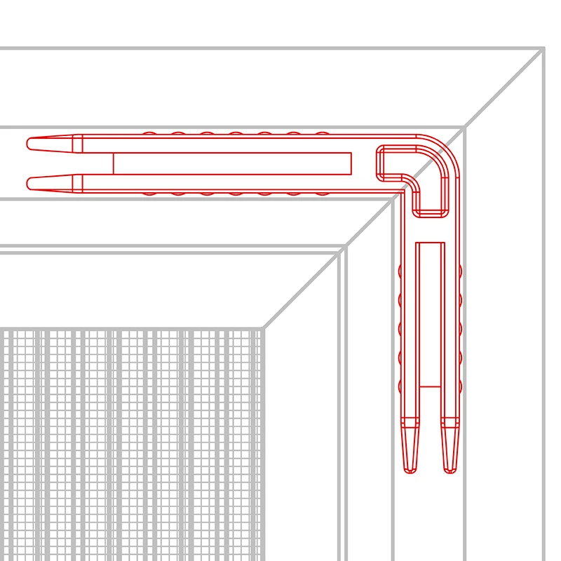 A KLIK fix szúnyogháló sarokillesztésének részlete belső sarokelemmel és 45°-ban vágott kerettel a pontos és stabil rögzítéshez.