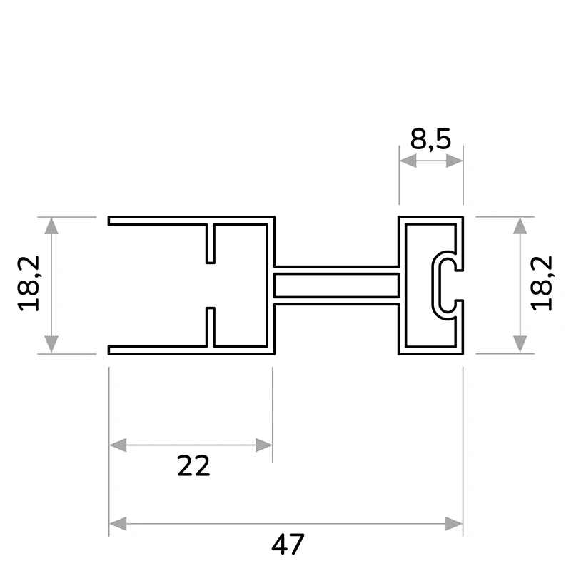 A pliszé szúnyogháló fogantyúprofiljának műszaki metszete részletes méretekkel