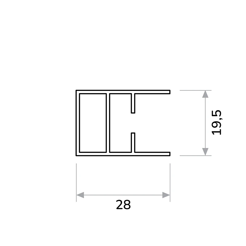 A pliszé szúnyogháló keretprofiljának műszaki metszete feltüntetett méretekkel